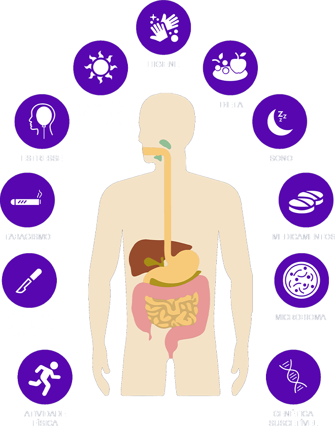 Higiene, Dieta, Exposição a raios UV/Vitamina D, Sono, Estresse, Medicamentos, Tabagismo, Microbioma, Cirurgia de remoção de apêndice, Genética Suscetível, Atividade física.